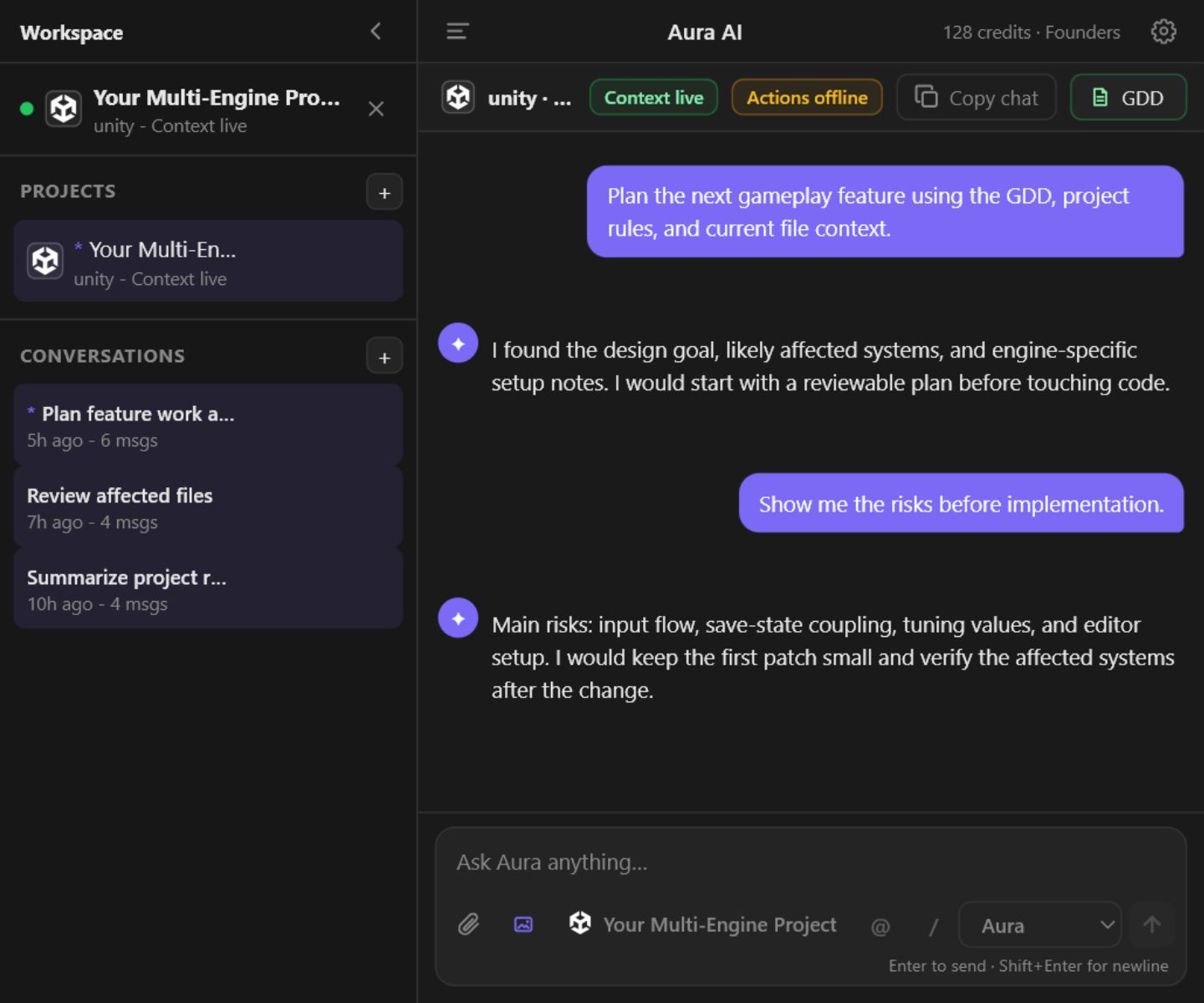 Aura AI project-aware chat for a connected game project