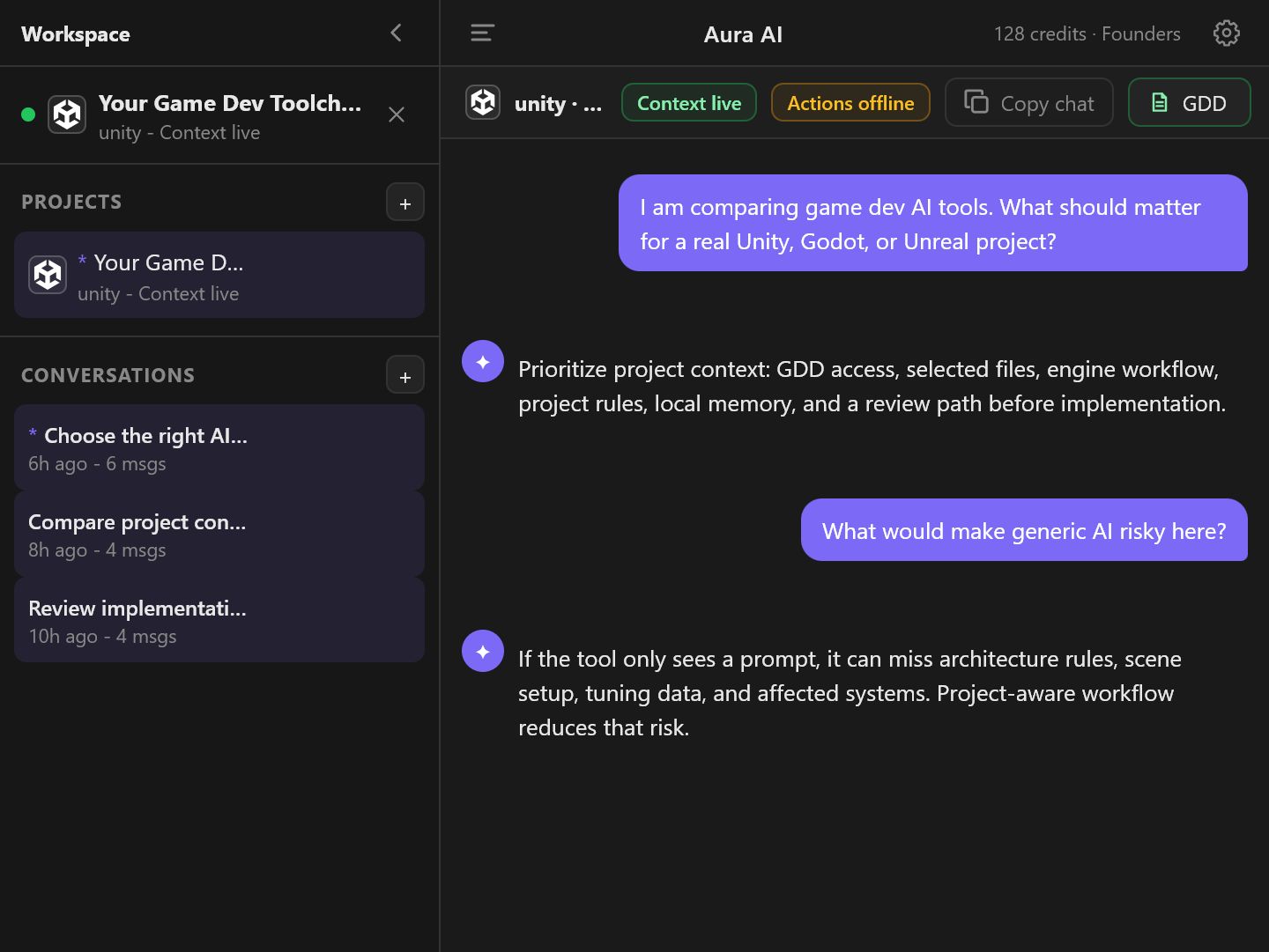 Aura AI panel showing game development context, GDD access, and project-aware implementation chat