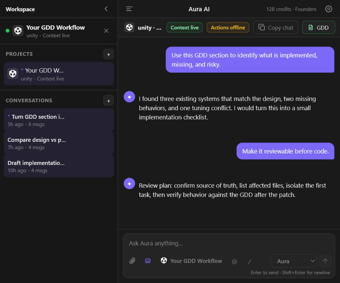 Aura AI panel showing GDD access, project context, and implementation planning chat