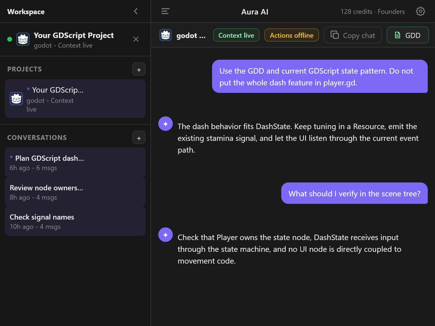 Aura AI panel showing Godot project context, GDD notes, and GDScript workflow planning
