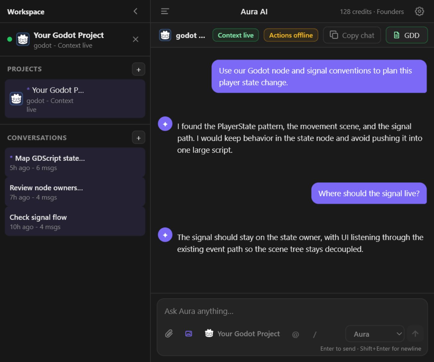 Aura AI panel showing project context, GDD access, and project-aware game development chat