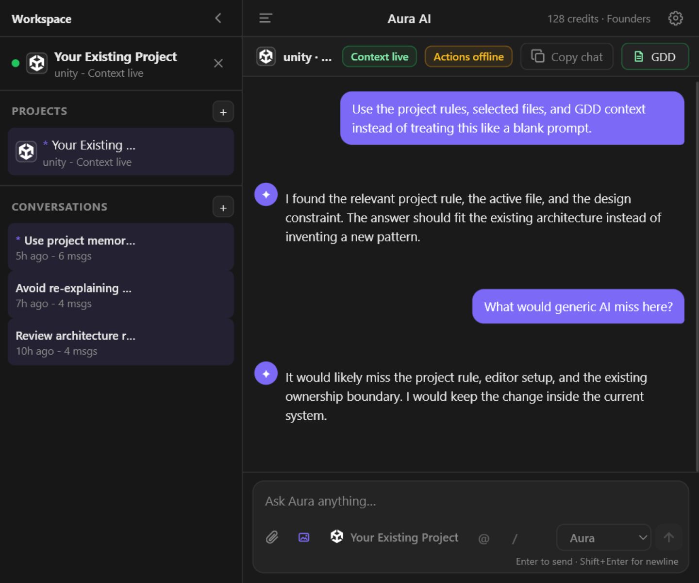 Aura AI panel showing project memory, GDD context, and a live Unity workflow