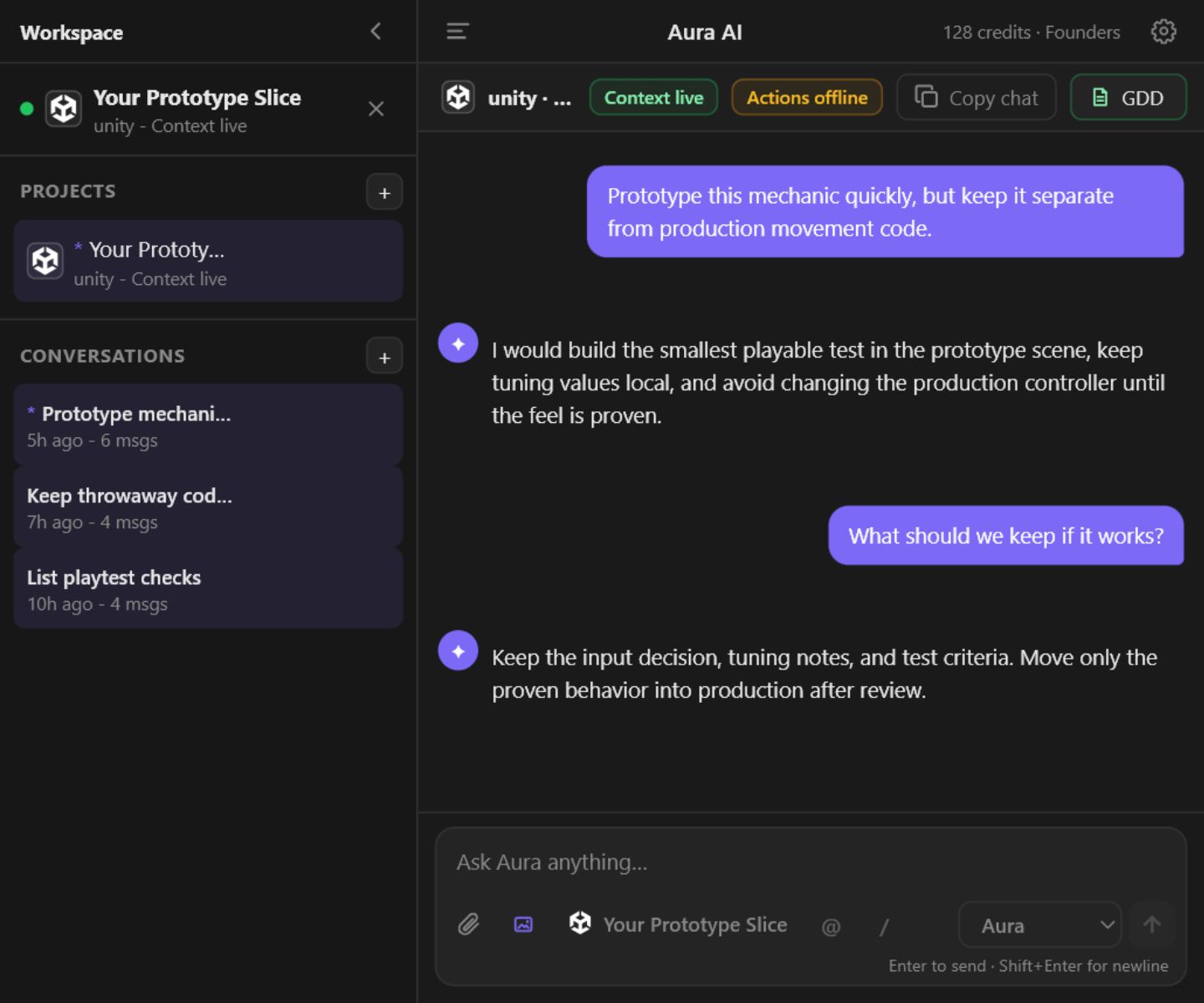 Aura AI panel showing a project-aware prototype workflow in a Unity project