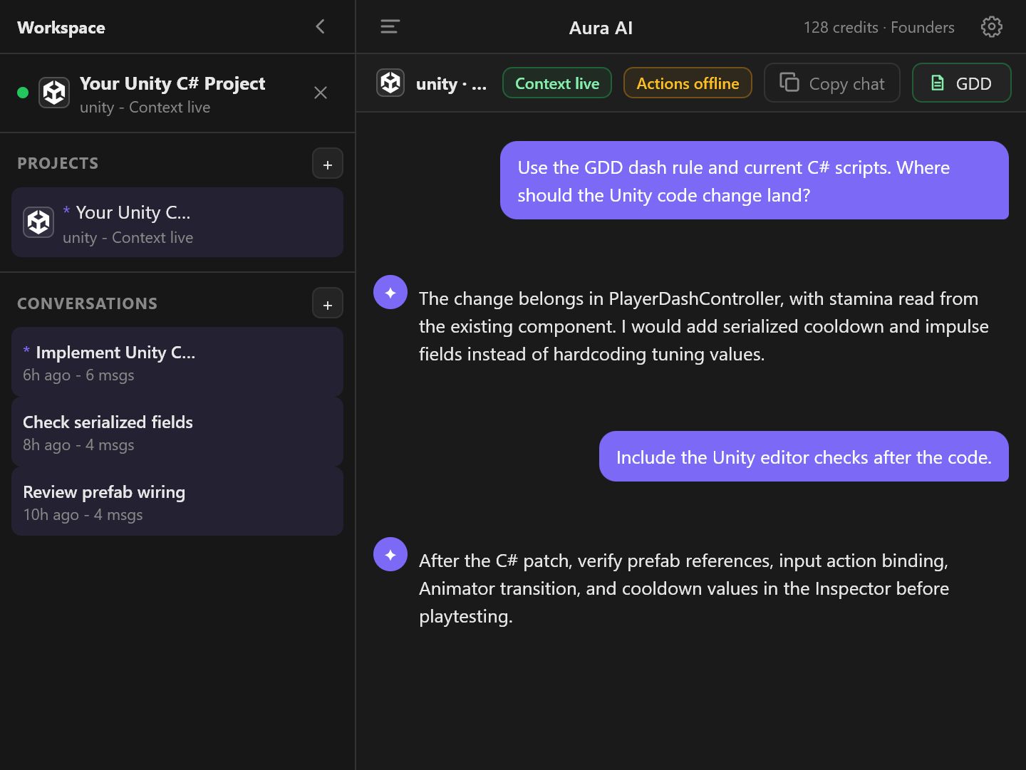 Aura AI panel showing Unity C# project context, GDD notes, and implementation planning