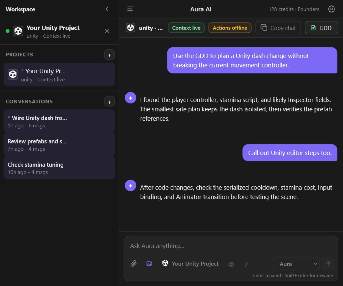 Aura AI panel showing a live Unity project, GDD access, and project-aware chat
