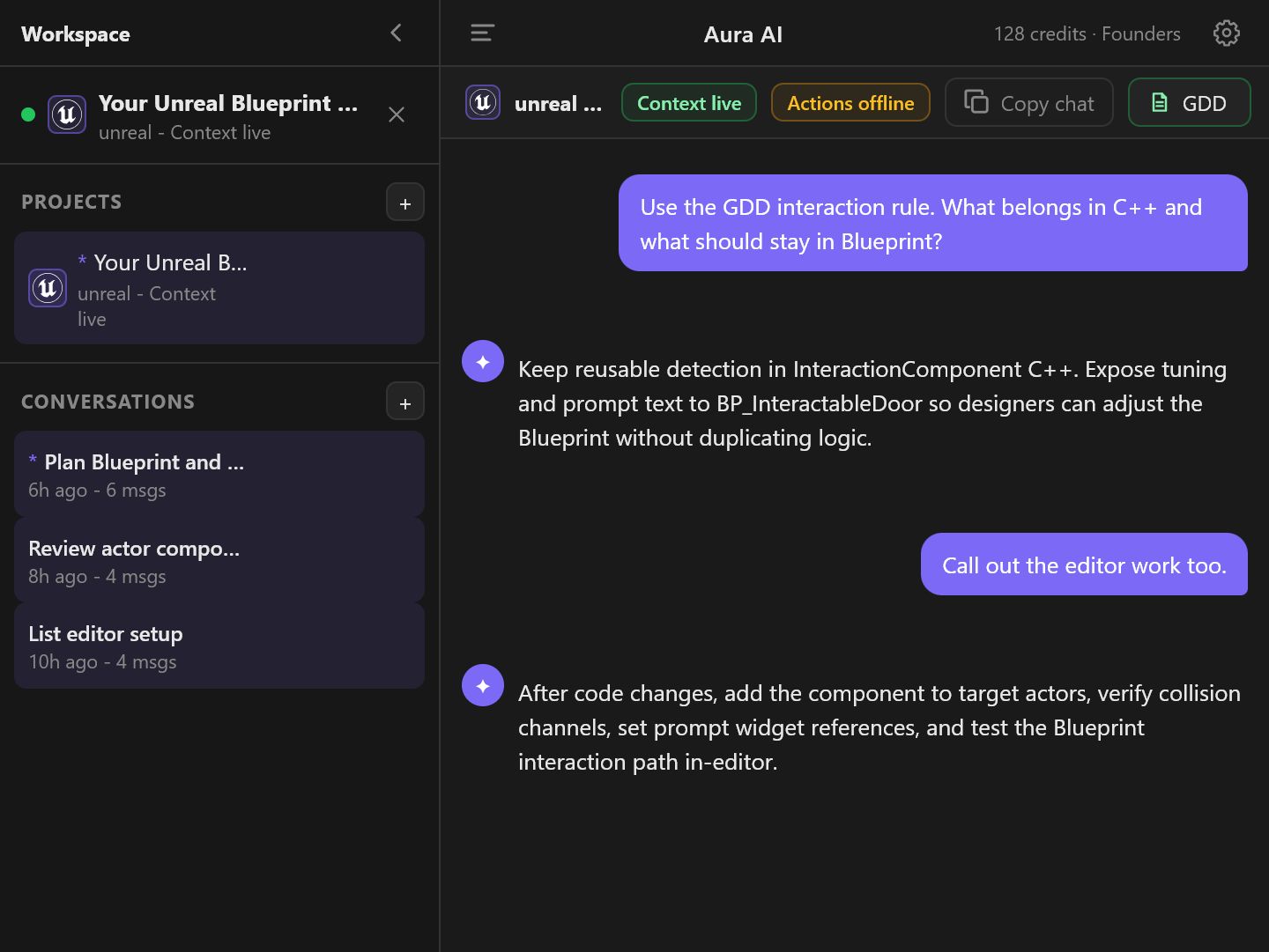 Aura AI panel showing Unreal project context, GDD notes, and gameplay workflow planning