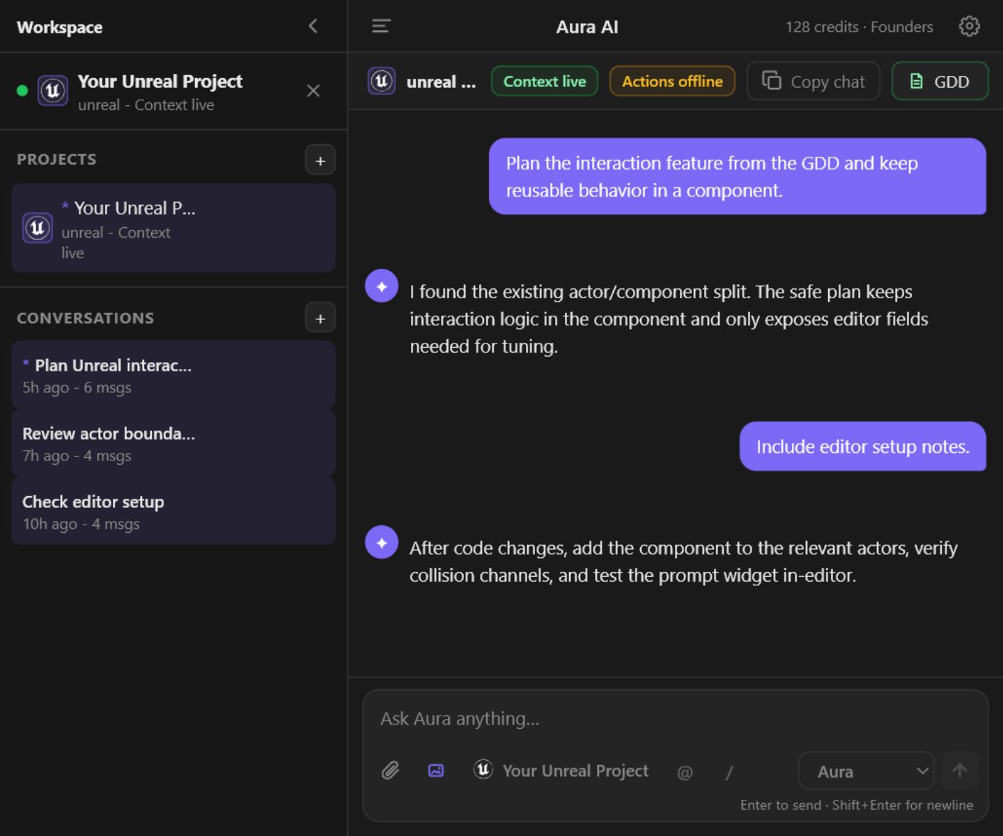 Aura AI panel showing project context, GDD access, and reviewable implementation chat
