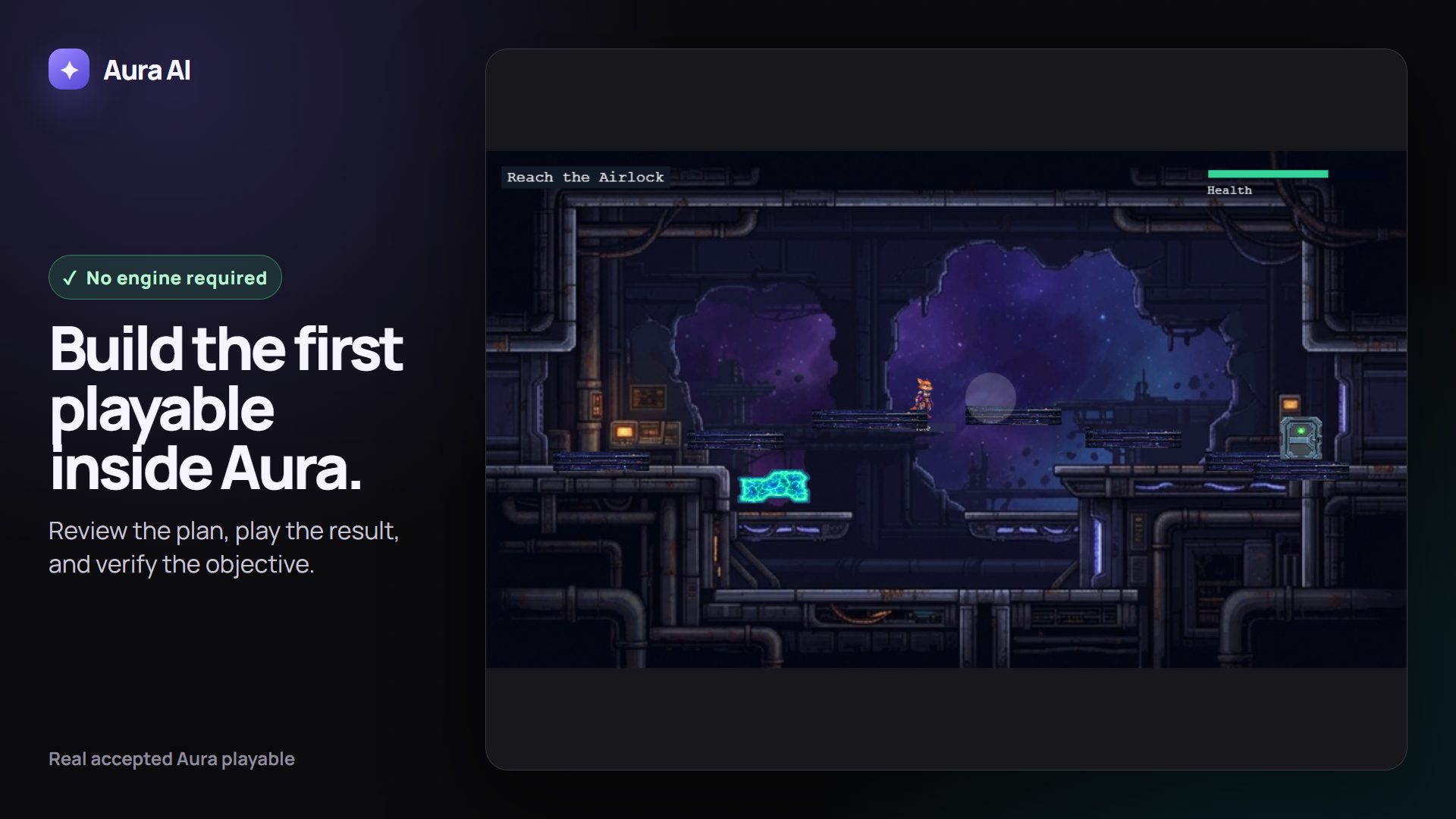 Aura's installed playable showing a humanoid fox moving through a layered space station and defeating a turret.