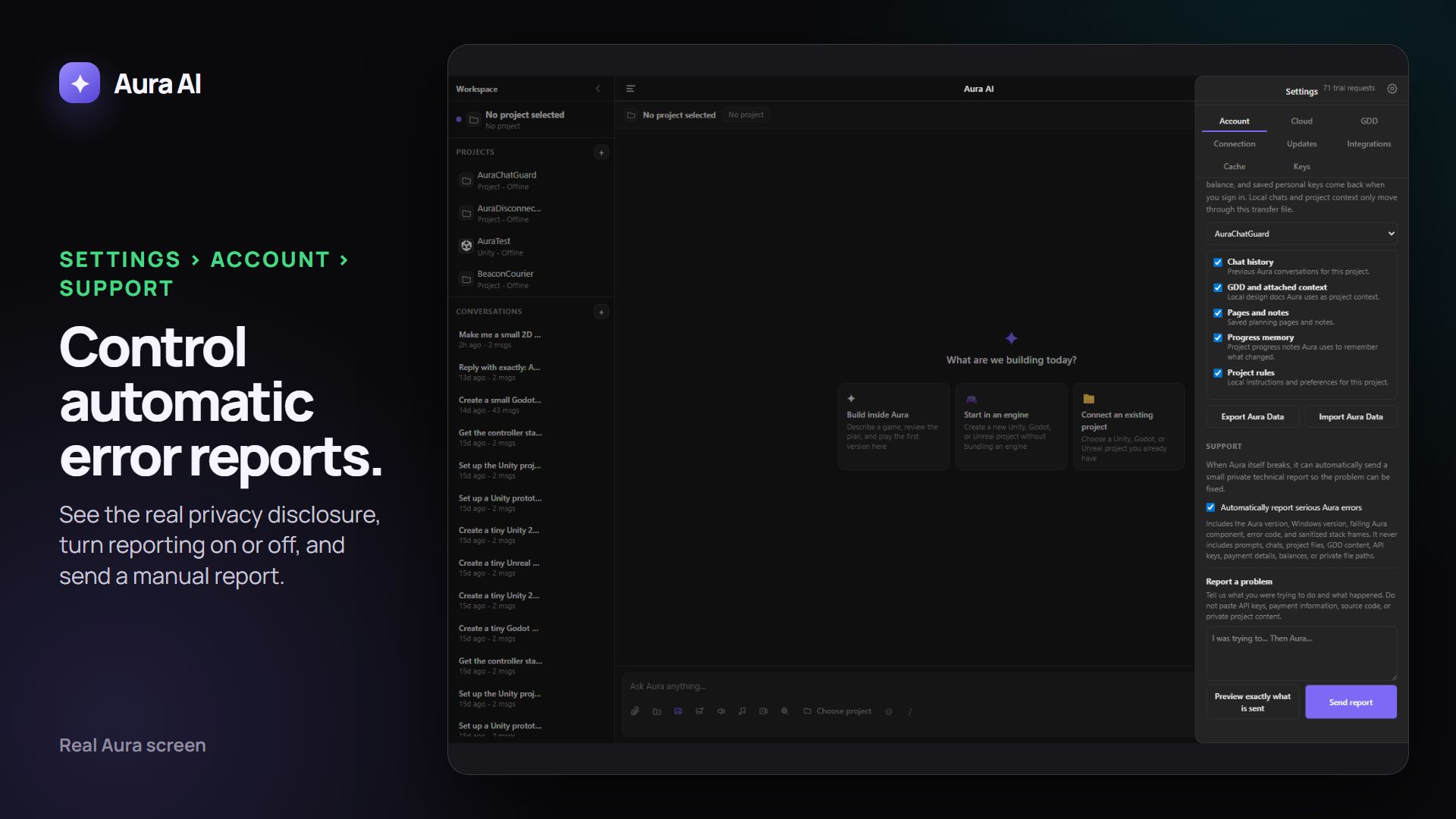Real Aura AI Settings screen showing private automatic error reporting and manual support controls
